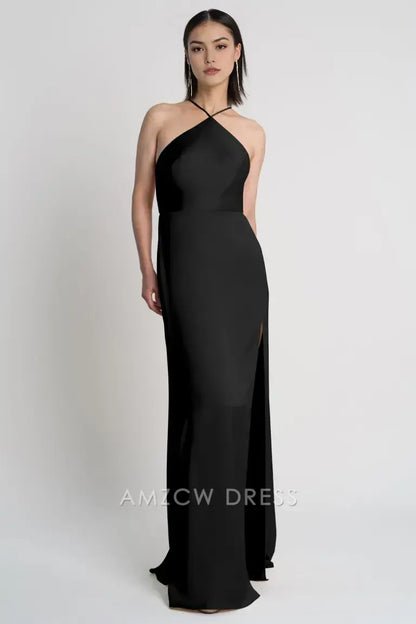 Amzcw - Elegante vestido negro de gasa con cuello halter - Vestido largo ajustado con abertura alta - Vestidos formales 