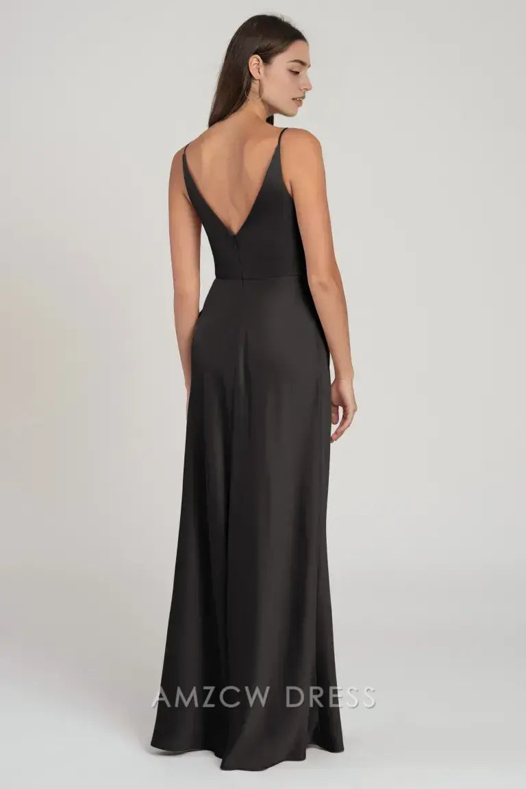 Vestido elegante de satén negro Amzcw con escote en V profundo y tirantes finos, vestido maxi ajustado, vestidos formales 