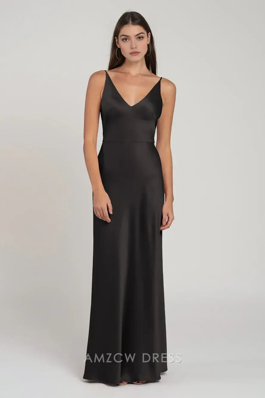 Vestido elegante de satén negro Amzcw con escote en V profundo y tirantes finos, vestido maxi ajustado, vestidos formales 