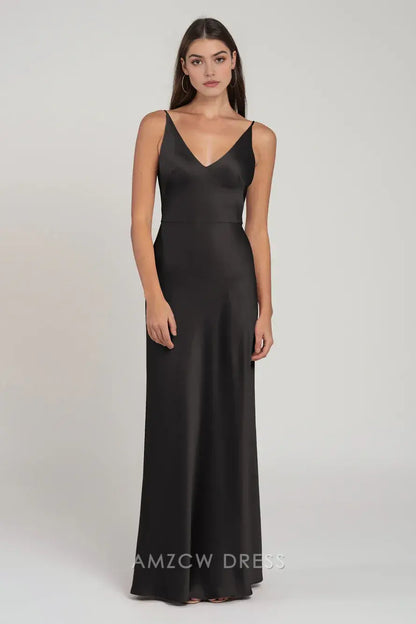 Vestido elegante de satén negro Amzcw con escote en V profundo y tirantes finos, vestido maxi ajustado, vestidos formales 