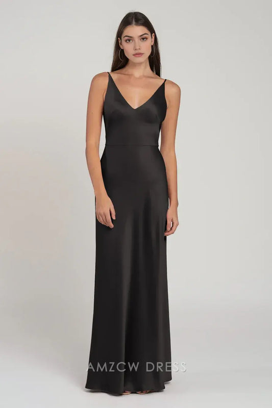 Vestido elegante de satén negro Amzcw con escote en V profundo y tirantes finos, vestido maxi ajustado, vestidos formales 