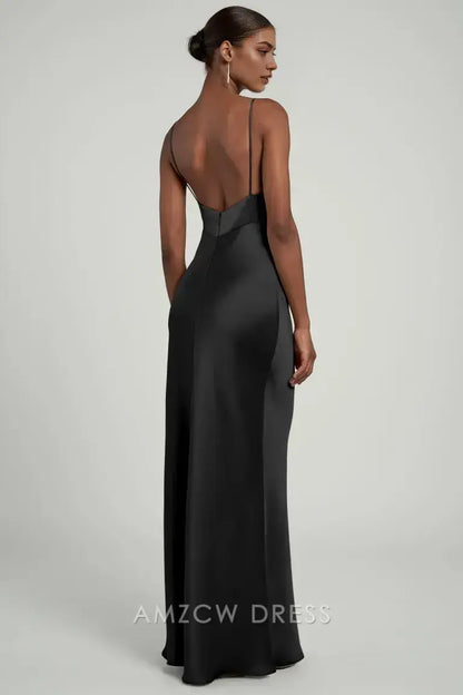 Vestido elegante Amzcw de satén negro con escote en V profundo y tirantes finos, corte sirena, para ocasiones formales. 
