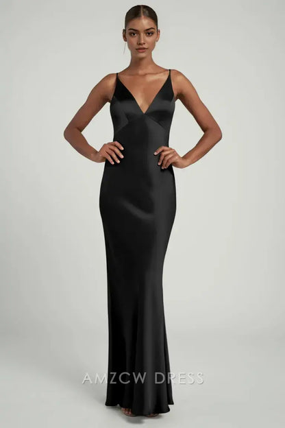 Vestido elegante Amzcw de satén negro con escote en V profundo y tirantes finos, corte sirena, para ocasiones formales. 