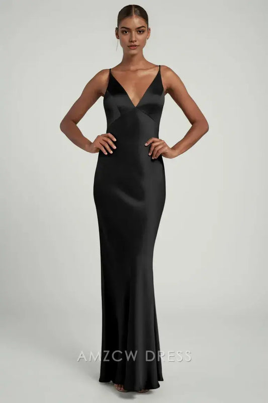Vestido elegante Amzcw de satén negro con escote en V profundo y tirantes finos, corte sirena, para ocasiones formales. 