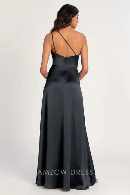 Vestido elegante de satén negro de Amzcw con un solo hombro, corte ajustado y abertura alta, vestidos formales 