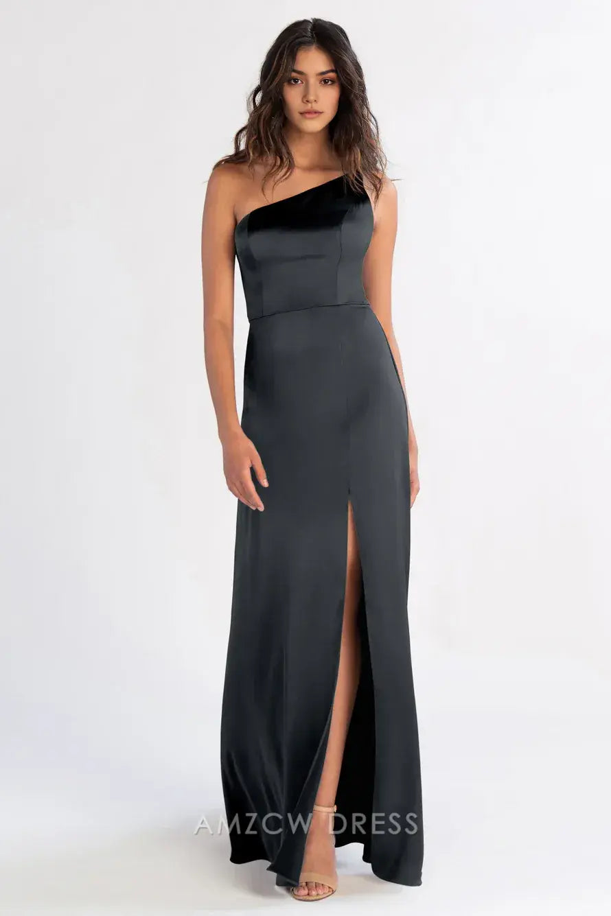 Vestido elegante de satén negro de Amzcw con un solo hombro, corte ajustado y abertura alta, vestidos formales 