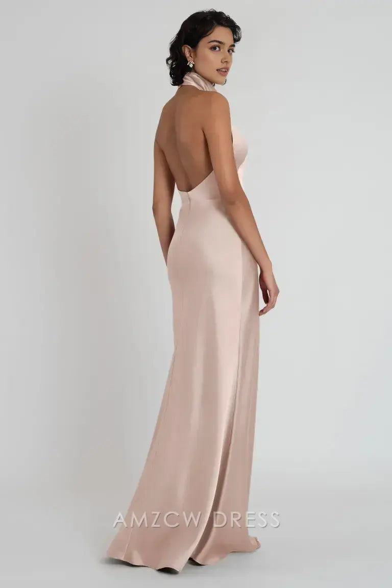 Vestido elegante Amzcw de satén ruborizado con cuello halter - Escote alto, sin mangas, ajustado, maxi vestidos formales 
