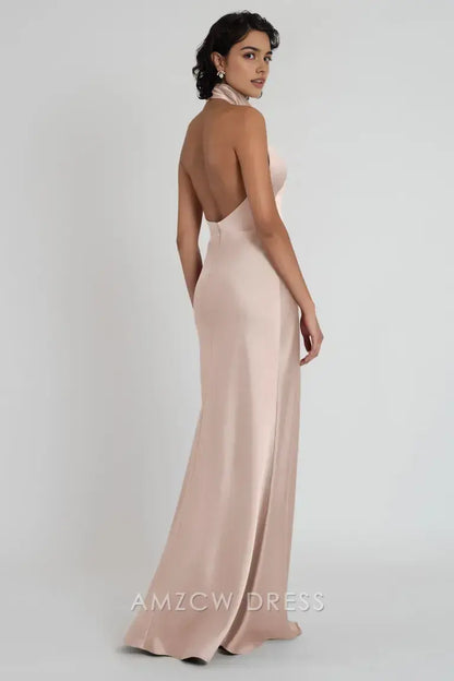 Vestido elegante Amzcw de satén ruborizado con cuello halter - Escote alto, sin mangas, ajustado, maxi vestidos formales 