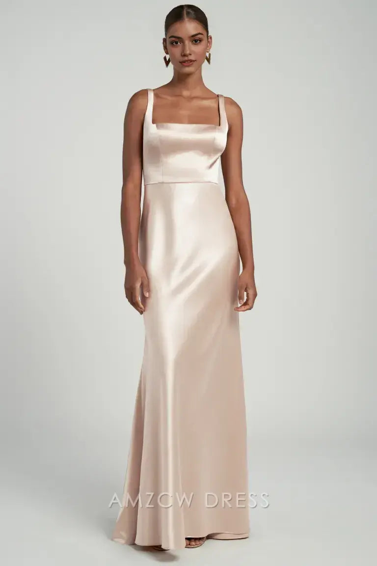 Vestido elegante de satén ruborizado con escote cuadrado de Amzcw - Vestido maxi ajustado sin mangas vestidos formales 
