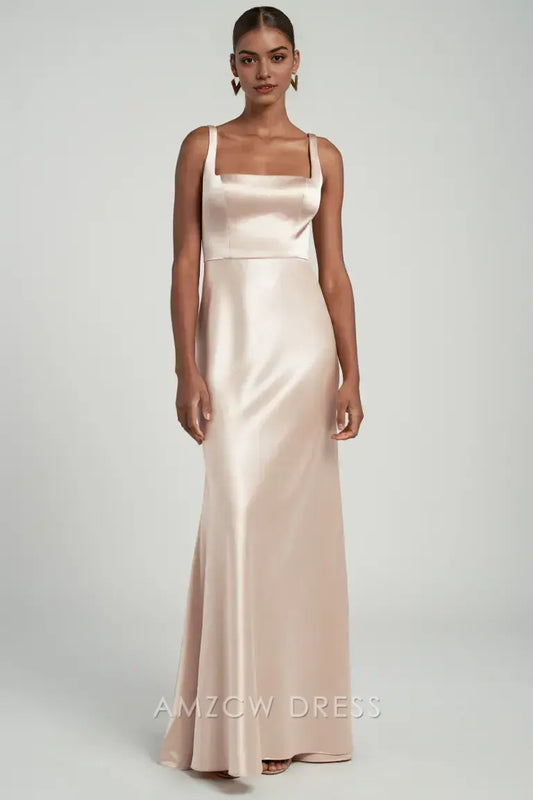Vestido elegante de satén ruborizado con escote cuadrado de Amzcw - Vestido maxi ajustado sin mangas vestidos formales 