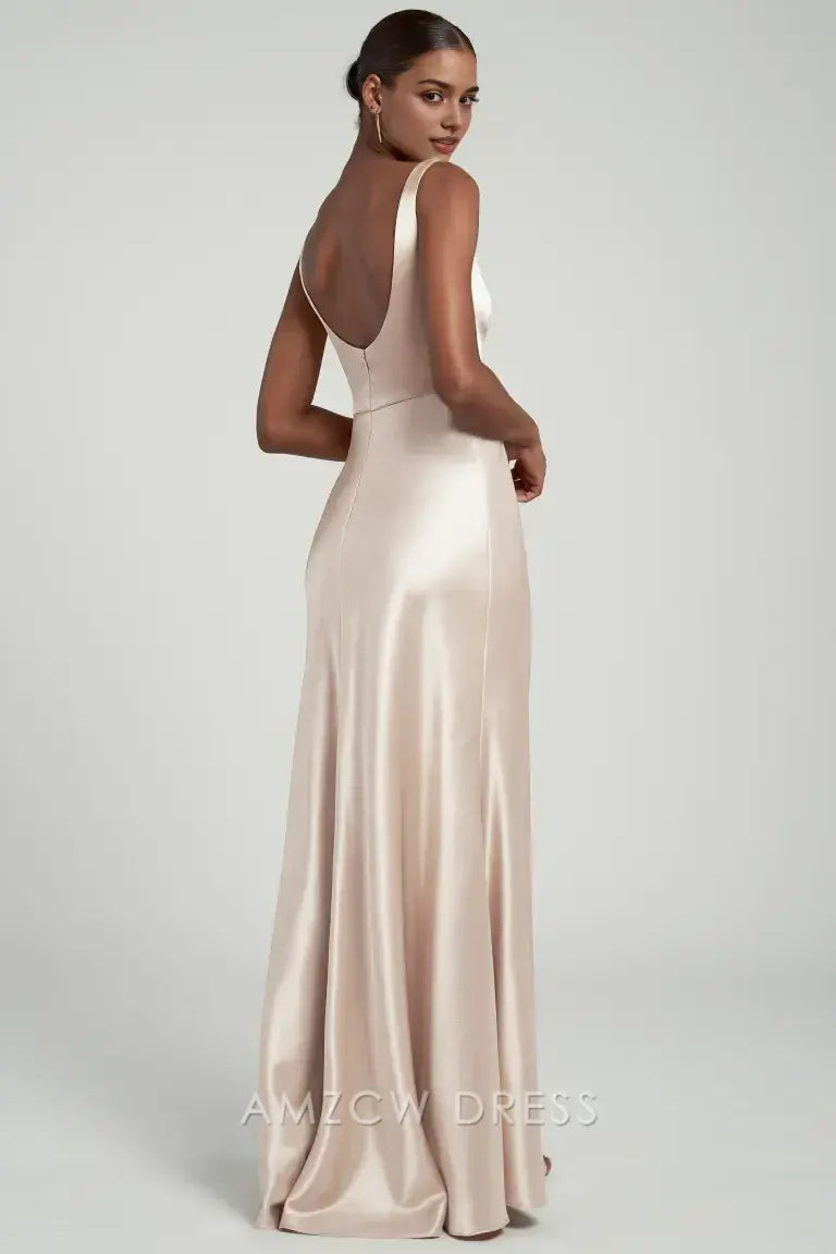 Vestido elegante de satén ruborizado con escote cuadrado de Amzcw - Vestido maxi ajustado sin mangas vestidos formales 
