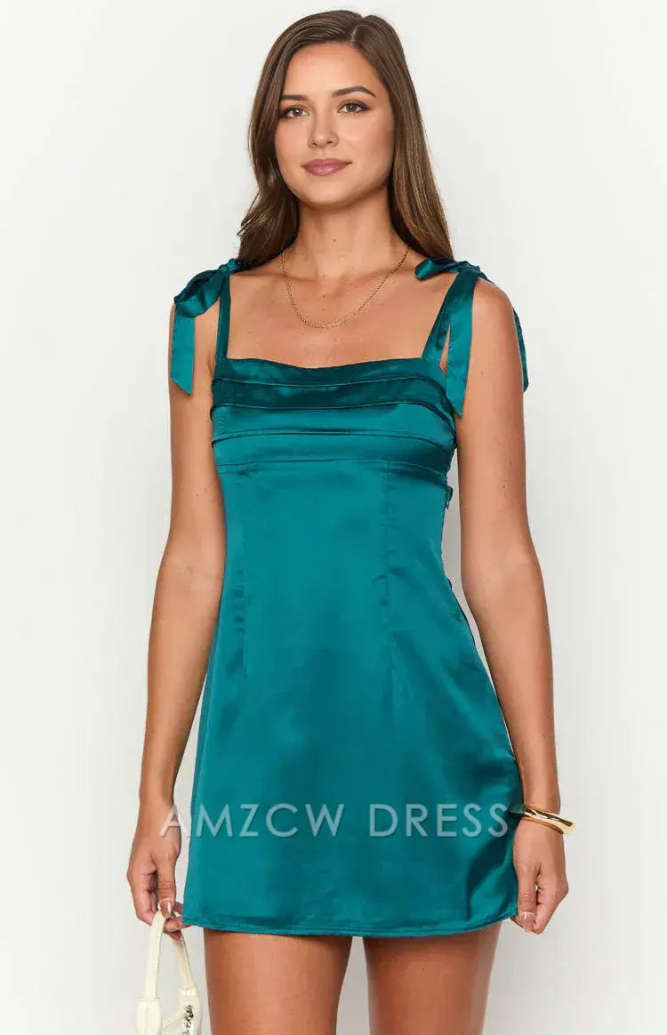 Amzcw Elegant Bow - Strap Satin Mini Dress: A Stylish Essential for Cocktail Evenings, Summer Soirées, and Girls’ Nights Out. Its Chic Bow Details and Smooth Fabric Elevate Glamour for Every Memorable Event.