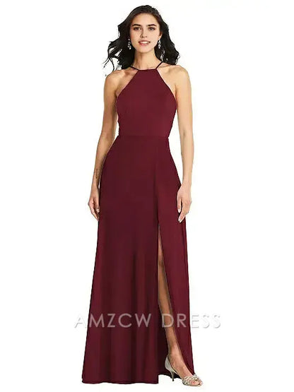 Elegante vestido largo burdeos con cuello halter y abertura lateral de Amzcw: un encanto sofisticado para ocasiones especiales. 