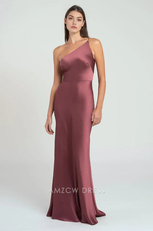 Vestido elegante de satén burdeos con un solo hombro de Amzcw - Vestido largo ajustado para ocasiones formales 