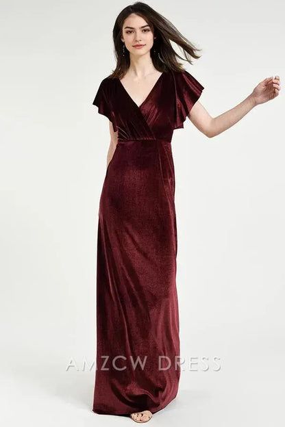 Elegante vestido cruzado de terciopelo burdeos Amzcw con escote en V profundo, mangas cortas con volantes y lazo en la cintura. Vestidos formales. 