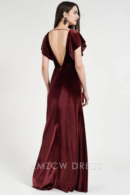 Elegante vestido cruzado de terciopelo burdeos Amzcw con escote en V profundo, mangas cortas con volantes y lazo en la cintura. Vestidos formales. 