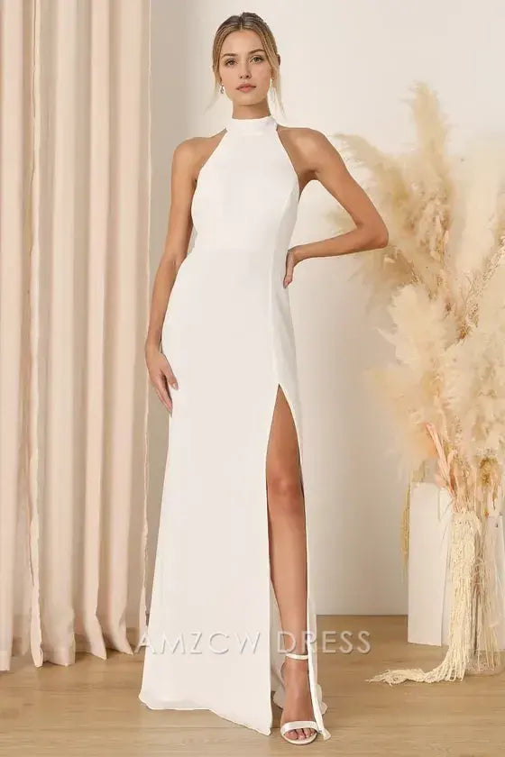Vestido largo con cuello halter blanco elegante Amzcw que te cautivará. Vestidos formales. 
