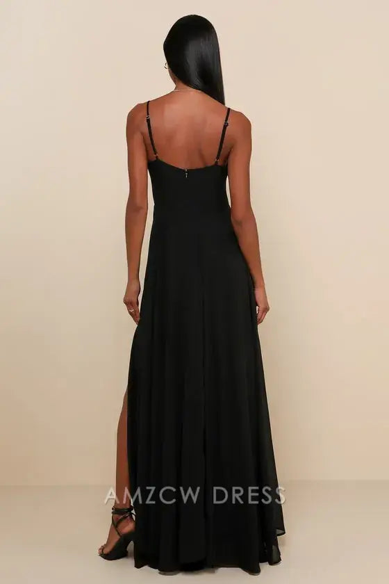 Vestido largo bustier plisado negro elegante Amzcw que causa conmoción. Vestidos formales. 