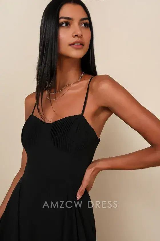 Vestido largo bustier plisado negro elegante Amzcw que causa conmoción. Vestidos formales. 