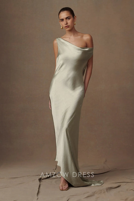 Amzcw Elegant Chic Asymmetric Satin Dress: One - Shoulder & Draped Back Detail Party wear