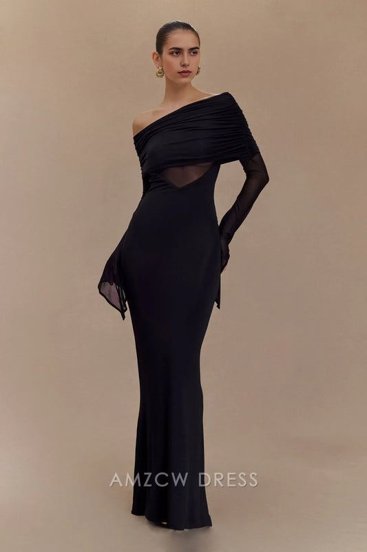 Amzcw Elegant Chic Black Evening Dress: Off - Shoulder, Sheer Panels & Ruched Back Party wear