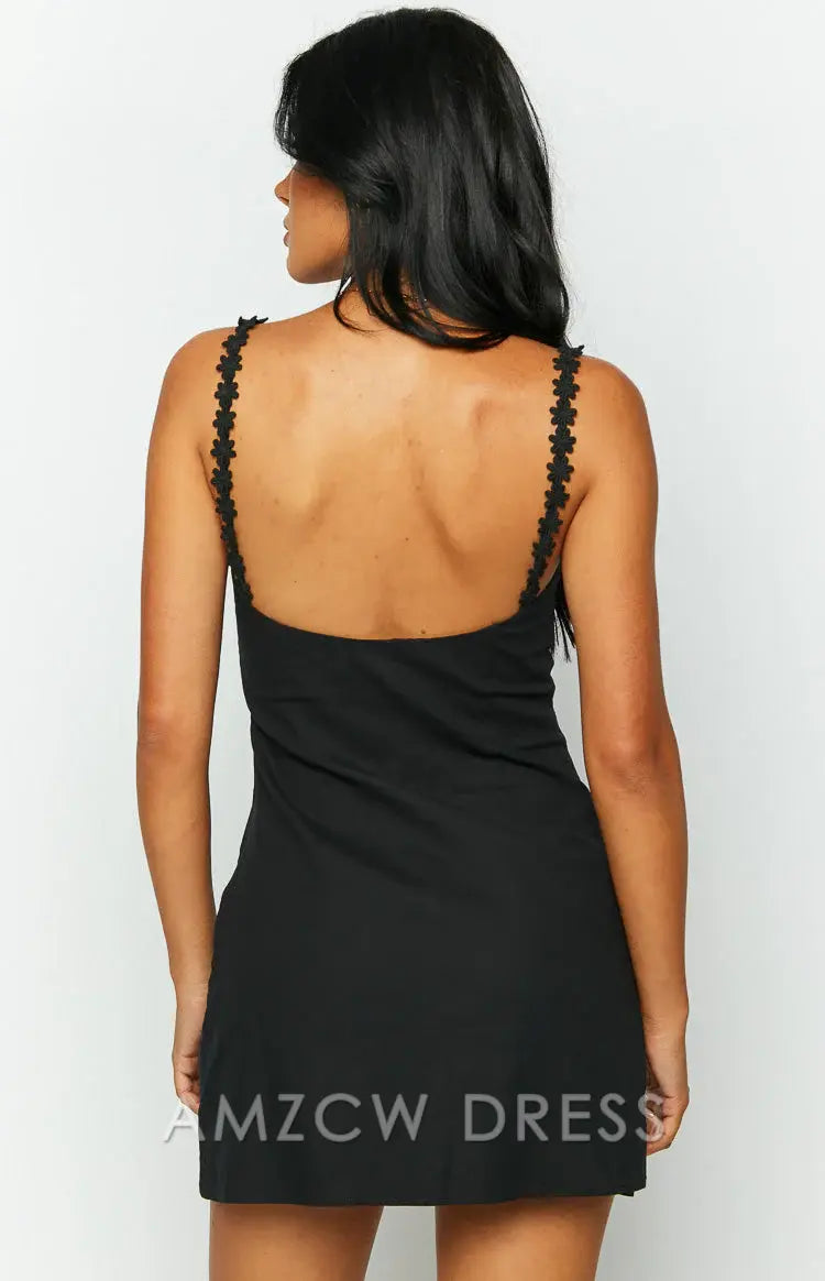 Amzcw Elegant Chic Black Mini Dress: Sweetheart Neckline & Decorative Straps Party wear