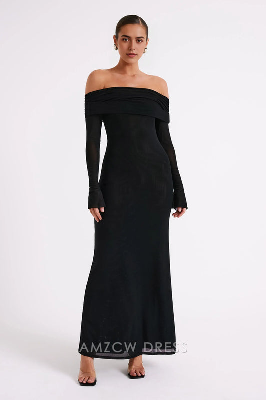 Amzcw Elegant Chic Off - Shoulder Evening Gown: Sheer Sleeves & Form - Fitting Silhouette Party wear