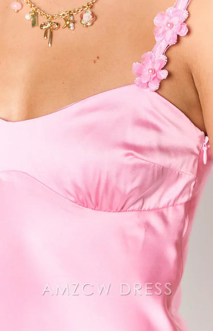 Amzcw Elegant Chic Pink Satin Dress: Flower - Detailed Straps & Sweetheart Neckline Party wear
