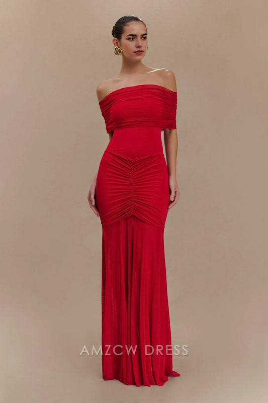 Amzcw Elegant Chic Red Evening Dress: Off - Shoulder, Ruched Details & Mermaid Fit Party wear