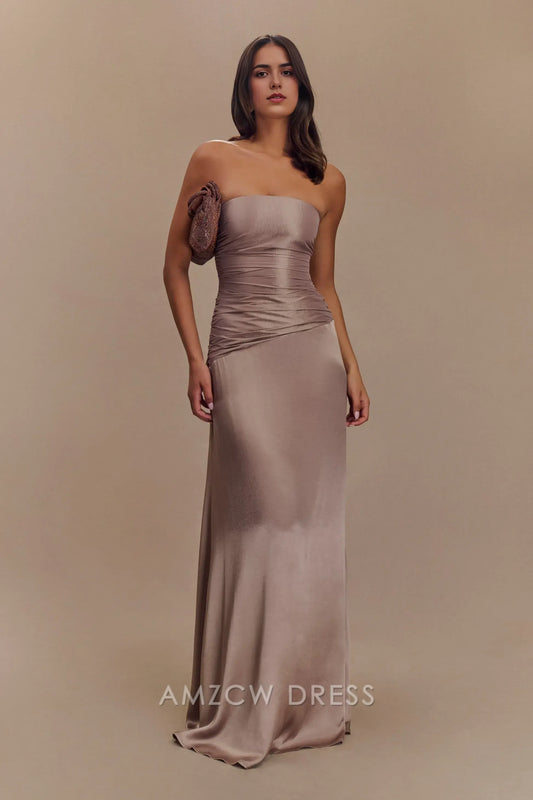 Amzcw Elegant Chic Strapless Evening Dress: Satin Fabric, Ruched Details & Lace - Up Back Party wear
