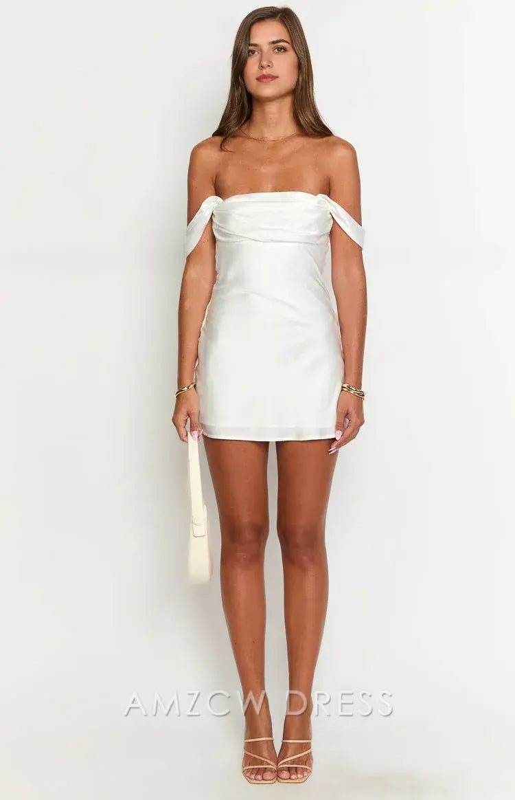 Amzcw Elegant Chic White Off - Shoulder Dress: Satin Fabric & Bow - Detailed Straps Party wear