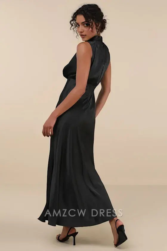 Vestido largo elegante, clásico y elegante de Amzcw, de satén negro, sin mangas y con cuello alto, para ocasiones formales. 