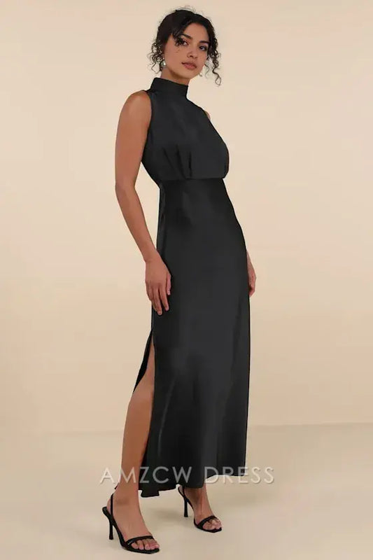 Vestido largo elegante, clásico y elegante de Amzcw, de satén negro, sin mangas y con cuello alto, para ocasiones formales. 