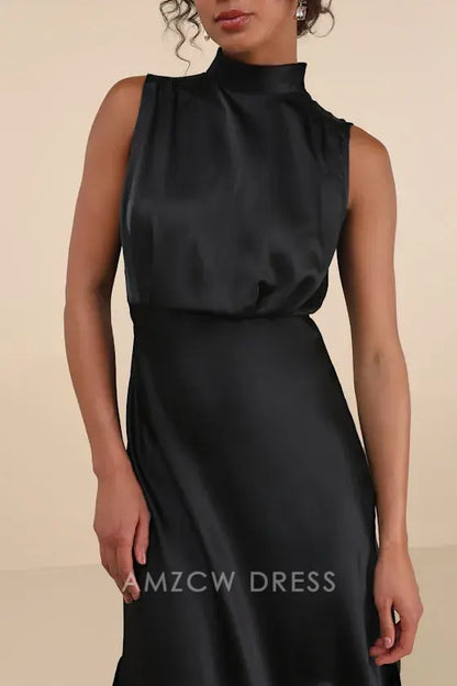 Vestido largo elegante, clásico y elegante de Amzcw, de satén negro, sin mangas y con cuello alto, para ocasiones formales. 