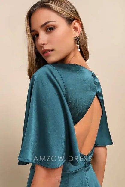 Vestido largo elegante Amzcw con escote en V y mangas abullonadas de satén verde azulado, ideal para ocasiones formales 