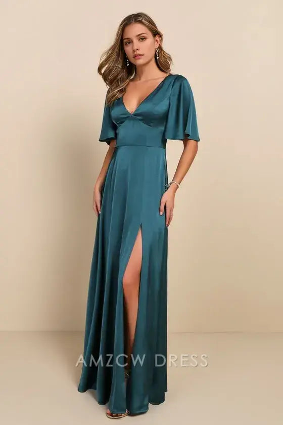 Vestido largo elegante Amzcw con escote en V y mangas abullonadas de satén verde azulado, ideal para ocasiones formales 