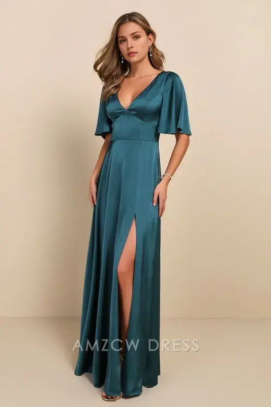 Vestido largo elegante Amzcw con escote en V y mangas abullonadas de satén verde azulado, ideal para ocasiones formales 