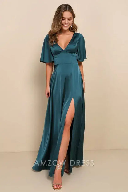 Vestido largo elegante Amzcw con escote en V y mangas abullonadas de satén verde azulado, ideal para ocasiones formales 