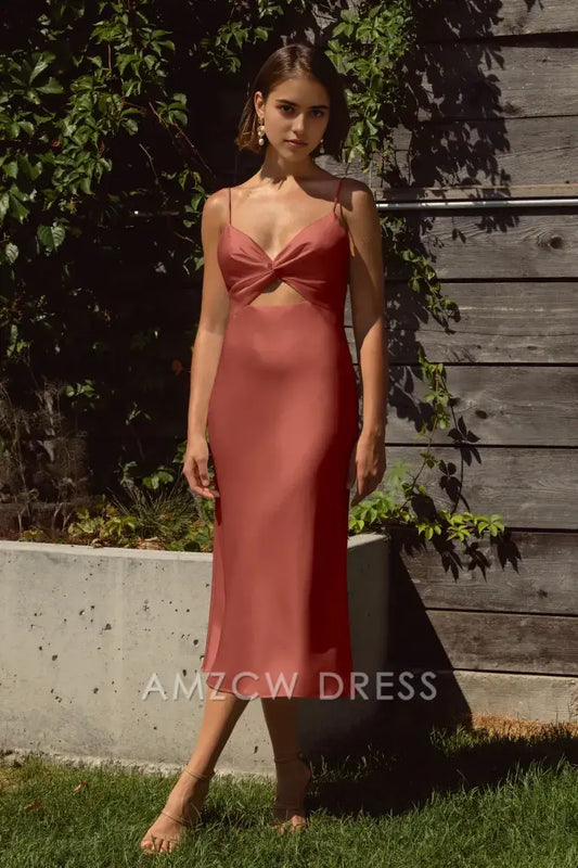 Amzcw Elegant Cut - Out Bow - Front Slip Midi Dress: Chic Summer Allure