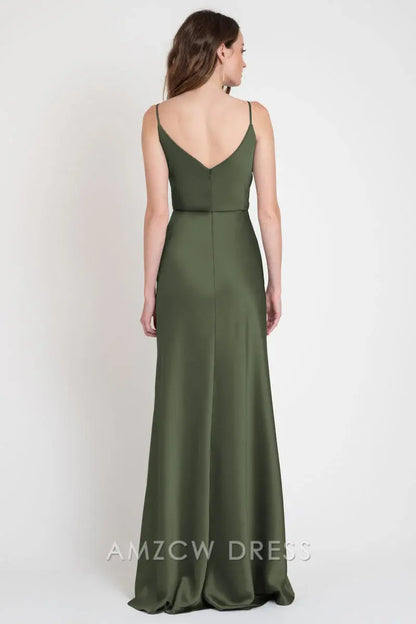 Vestido elegante verde oscuro con tirantes finos de Amzcw - Vestido de noche largo de satén con cuello vuelto - Vestidos formales 
