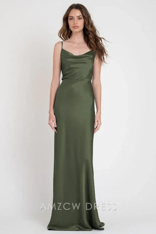 Vestido elegante verde oscuro con tirantes finos de Amzcw - Vestido de noche largo de satén con cuello vuelto - Vestidos formales 