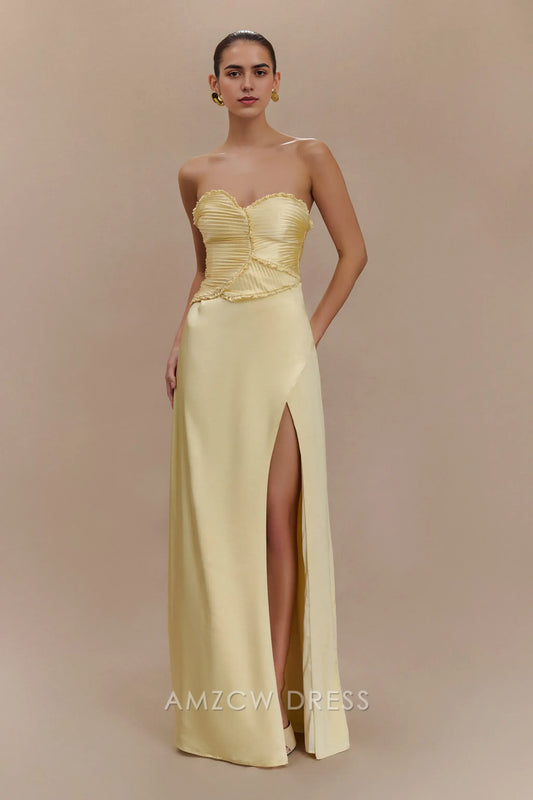 Amzcw Elegant Elegant Strapless Gown with Pleated Bodice & High Slit Party wear