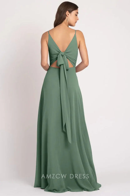 Elegante vestido de gasa verde esmeralda Amzcw con escote en V profundo, tirantes finos, cintura alta, holgado, vestido formal largo. 