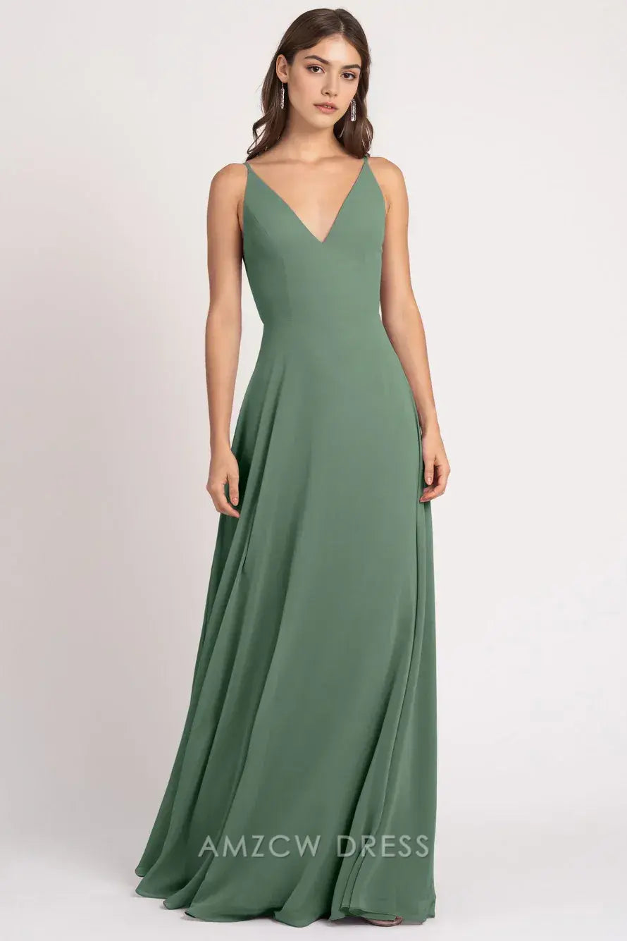 Elegante vestido de gasa verde esmeralda Amzcw con escote en V profundo, tirantes finos, cintura alta, holgado, vestido formal largo. 
