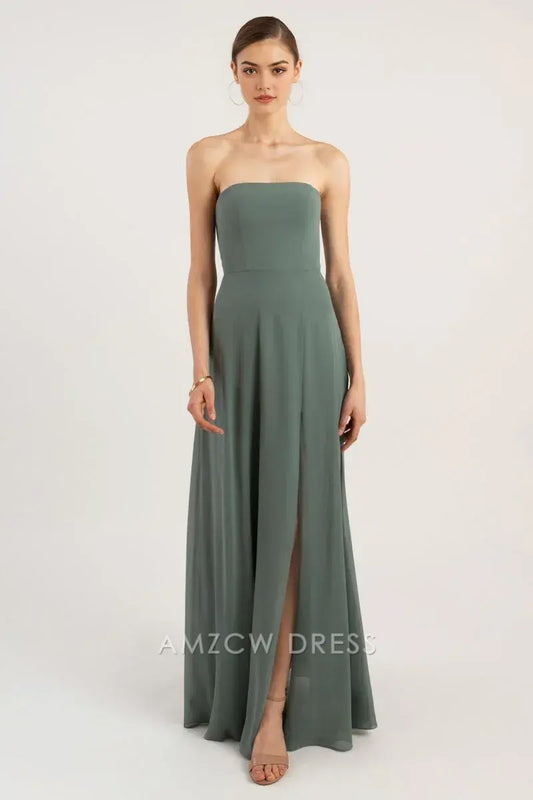 Vestido elegante de gasa verde esmeralda sin tirantes de Amzcw: vestido largo fluido con abertura alta, vestidos formales 