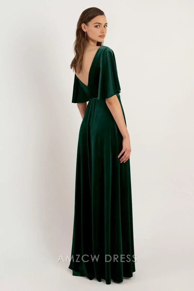 Elegante vestido cruzado de terciopelo verde esmeralda Amzcw con escote en V profundo y mangas abullonadas con lazo en la cintura. Vestidos formales. 