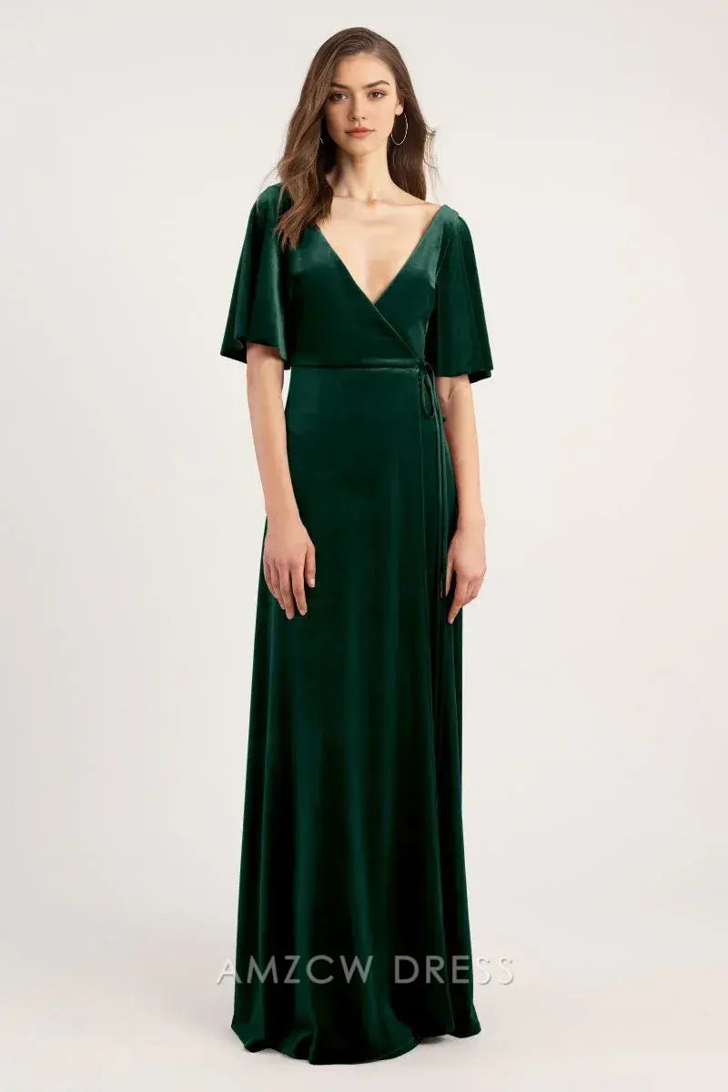 Elegante vestido cruzado de terciopelo verde esmeralda Amzcw con escote en V profundo y mangas abullonadas con lazo en la cintura. Vestidos formales. 