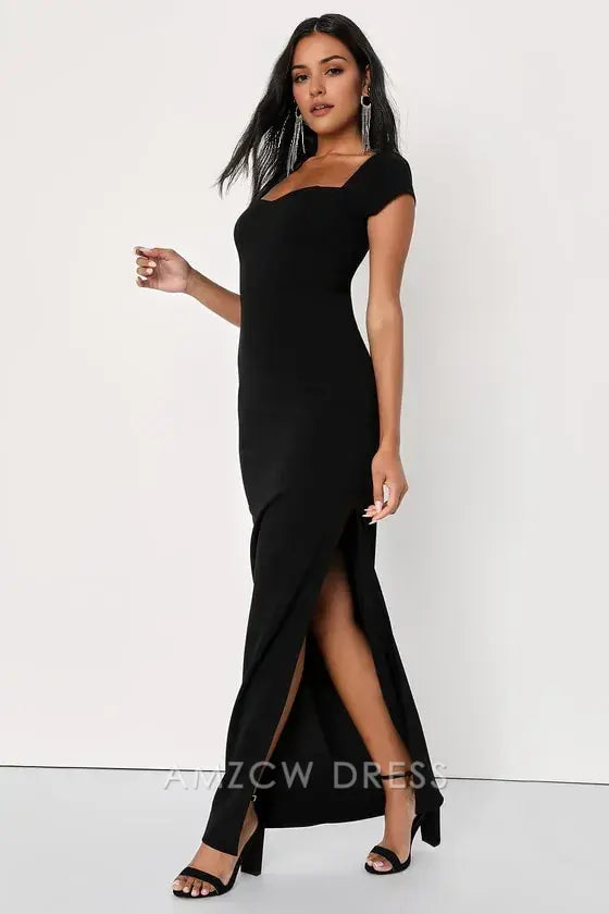 Vestido largo elegante de Amzcw con escote en V y mangas cortas en negro para invitada, ideal para ocasiones formales 