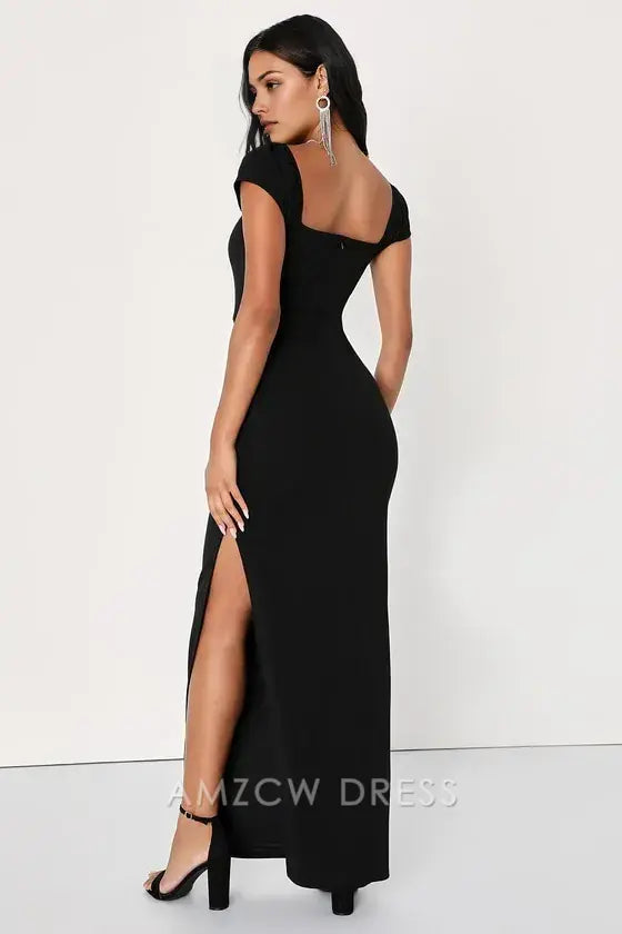 Vestido largo elegante de Amzcw con escote en V y mangas cortas en negro para invitada, ideal para ocasiones formales 