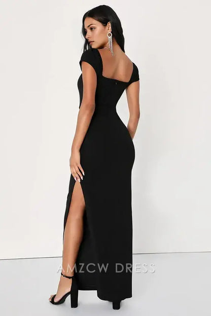 Vestido largo elegante de Amzcw con escote en V y mangas cortas en negro para invitada, ideal para ocasiones formales 